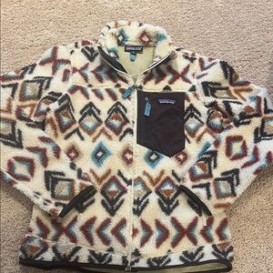 Patagonia Cream Aztec-Pattern Fleece Jacket with Teal & Brown Accents